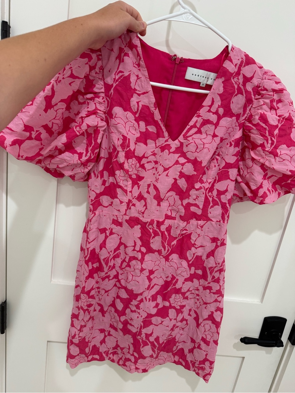 Endless Rose Hot Pink Floral Mini Dress with Puff Sleeves - Picture 2 of 4